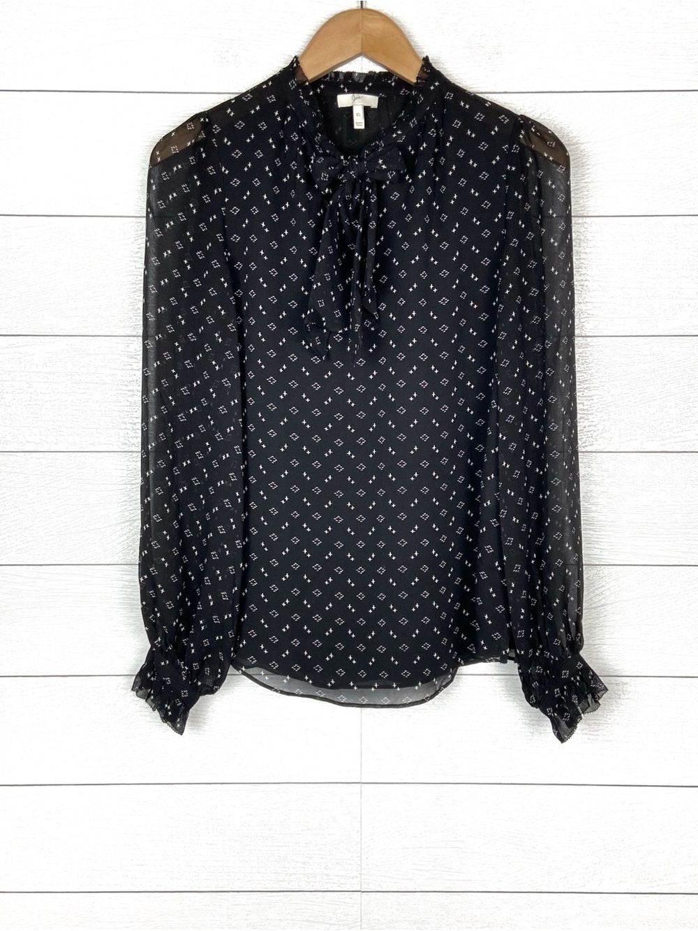 JOIE Black Silk Ronli Blouse Tie Neck Keyhole Sheer Long Sleeve XS